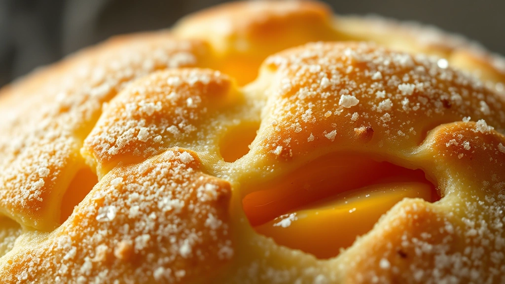 detail: close-up of golden biscuit topping with coarse sugar crystals glistening, peach filling bubbling around edges, steam rising, photorealistic, warm natural light, no text