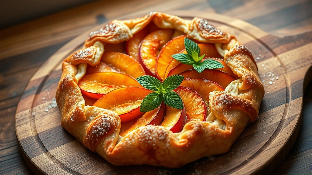 hero: stunning peach galette with golden-brown flaky crust folded around fresh peach slices, coarse sugar sparkling on edges, warm lighting from above, served on rustic wooden board with fresh mint garnish, photorealistic, natural window light, no text