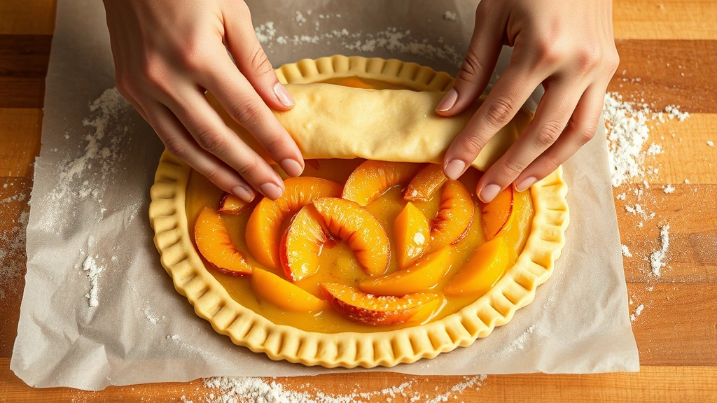 process: hands folding golden pastry dough edges over peach filling on parchment paper, mid-fold action shot, flour dusted surface, photorealistic, warm natural light, no text