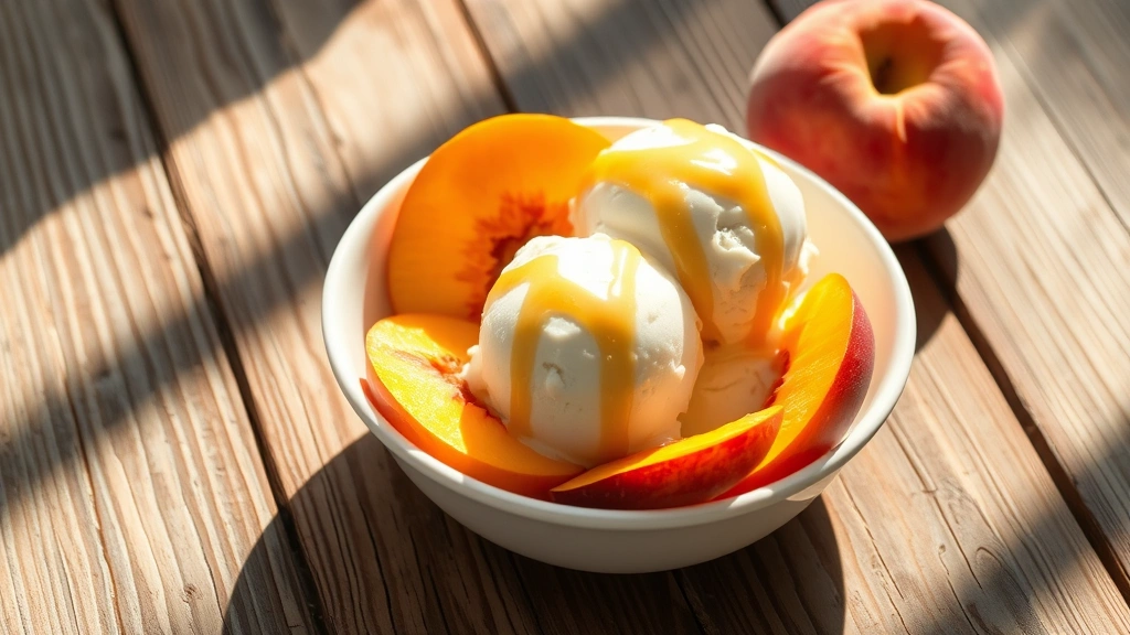 hero: homemade peach ice cream in a white bowl with fresh peach slices and honey drizzle, natural sunlight streaming across rustic wooden surface, creamy scoops glistening, summer aesthetic, photorealistic, no text