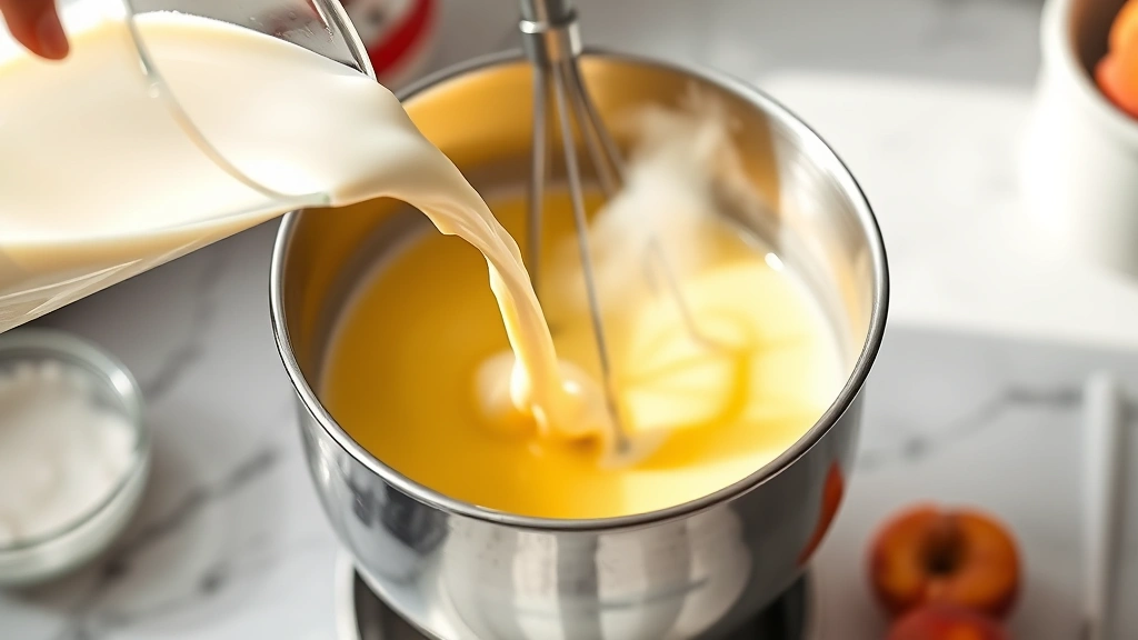 process: pouring hot cream into whisked egg yolks while making custard base for peach ice cream, close-up of whisking action, steam rising, bright kitchen lighting, photorealistic, no text