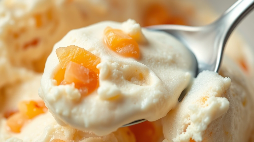detail: close-up macro shot of creamy peach ice cream texture with fresh peach chunks visible, melting slightly on a vintage silver spoon, natural soft lighting, photorealistic, no text