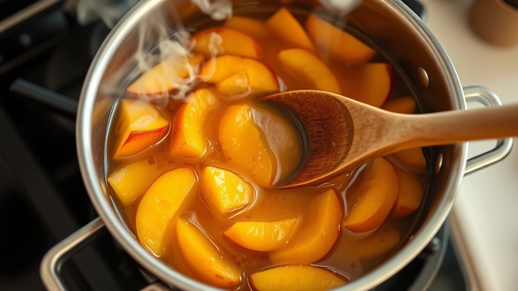 process: simmering pot of peach pie filling with peach slices and golden syrup, wooden spoon stirring gently, steam rising, warm kitchen lighting, close enough to see texture and color of filling, no text