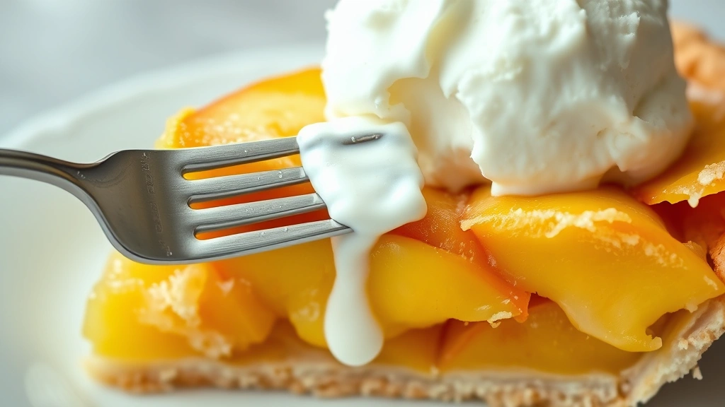 detail: close-up macro shot of fresh peach pie slice showing layers of golden filling with visible peach chunks, flaky crust, vanilla ice cream on top beginning to melt, fork taking a bite, natural daylight, sharp focus on texture, no text