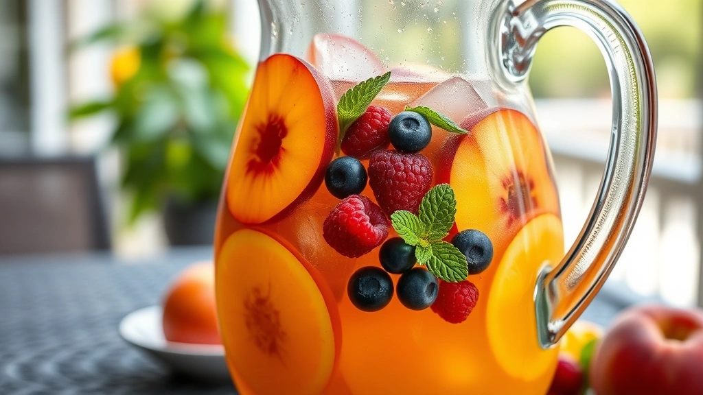 hero: large glass pitcher filled with peach sangria showing fresh peach slices, raspberries, blueberries, orange slices, and mint leaves, ice visible, golden peachy-colored liquid, natural window light, outdoor patio background blurred, condensation on pitcher, photorealistic, no text, no people