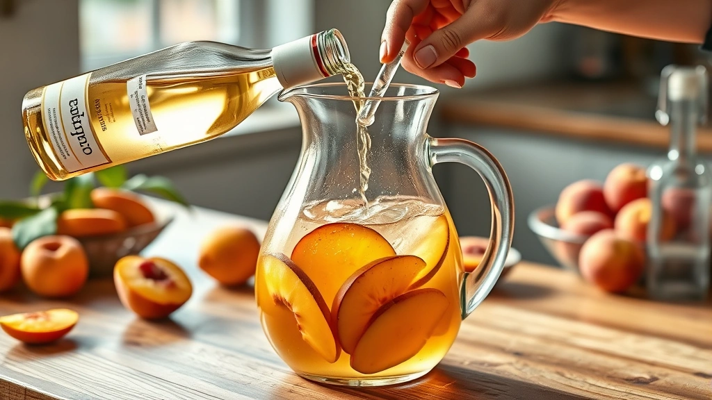 process: hands pouring white wine into pitcher with fresh peach slices and brandy, fruit floating, wooden table, fresh peaches and citrus visible in background, natural afternoon sunlight streaming across counter, photorealistic, no text, no people