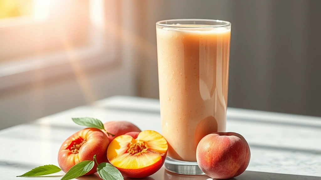 hero: tall glass of peachy-pink peach smoothie, condensation on glass, fresh peaches beside it, creamy texture visible, natural sunlight streaming across, no text, bright and summery aesthetic