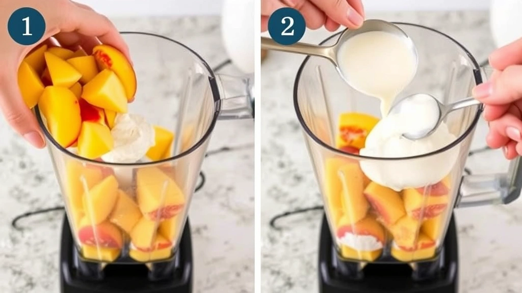 process: hands pouring fresh peaches into blender, Greek yogurt being spooned in, ingredients visible before blending, action shot, natural kitchen lighting, no text