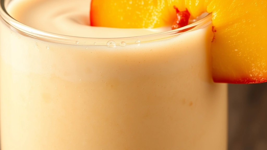 detail: close-up cross-section of creamy peach smoothie showing smooth texture, fresh peach slice on rim of glass, droplets of condensation, natural light highlighting color, no text