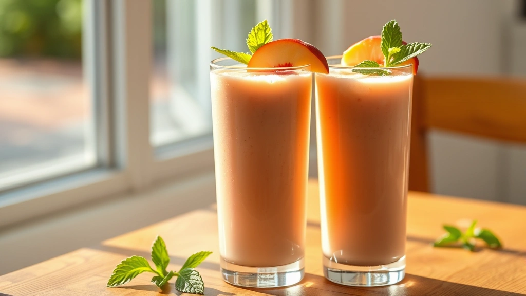hero: two tall glasses filled with creamy peachy-pink smoothie, topped with fresh peach slices and a mint leaf, natural morning sunlight streaming across wooden table, no text, photorealistic