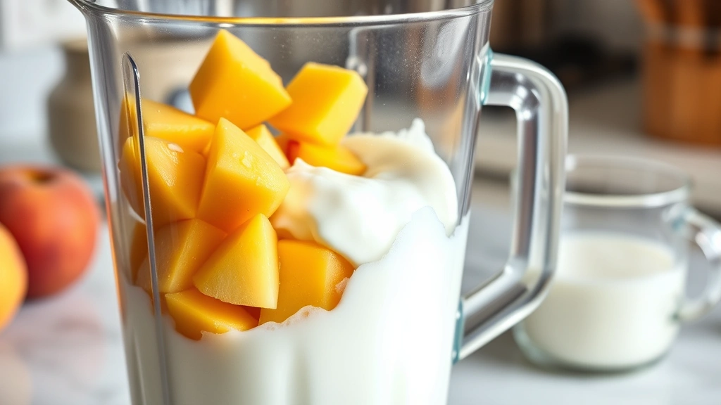 process: blender with chopped fresh peaches, yogurt, and milk about to blend, ingredients visible in and around blender, natural kitchen light, no text, photorealistic
