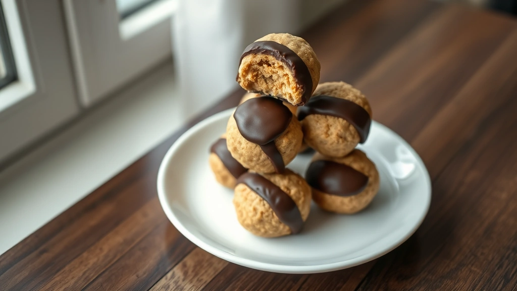 hero: homemade peanut butter balls stacked on white plate, half-dipped in dark chocolate, photographed from above with natural window light, shallow depth of field, no text or watermarks