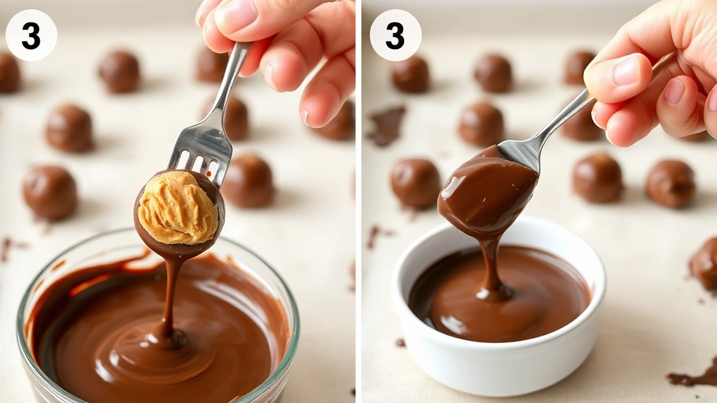 process: hands dipping peanut butter ball into melted chocolate using fork, chocolate-covered baking sheet in background, close-up action shot, natural lighting, no text