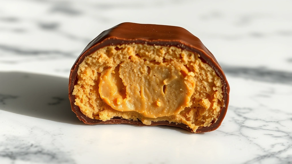 detail: cross-section of peanut butter ball showing creamy center and glossy chocolate coating, photographed on marble surface with dramatic side lighting, no text or branding