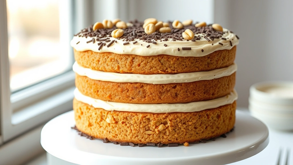 hero: beautiful three-layer peanut butter cake with creamy frosting, garnished with chocolate shavings and chopped peanuts, on a white cake stand, photorealistic, natural soft window lighting, no text