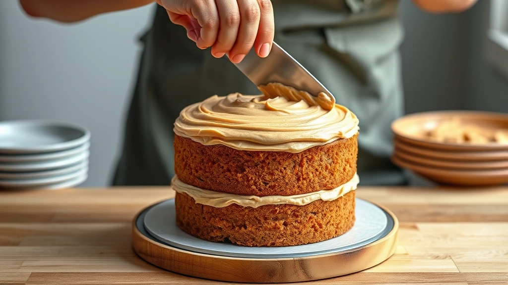 process: hands frosting a two-layer cake with an offset spatula, creamy peanut butter frosting being applied, photorealistic, natural kitchen lighting, no text