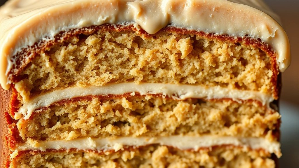 detail: close-up cross-section of peanut butter cake showing moist tender layers and frosting, photorealistic, macro photography, natural lighting, no text