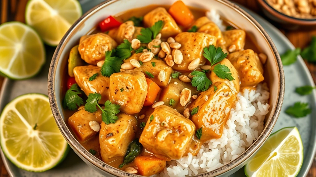 hero: beautiful bowl of peanut butter chicken with vegetables, creamy sauce coating chicken pieces, garnished with cilantro and crushed peanuts, fresh lime wedges nearby, warm golden lighting, served over rice, professional food photography