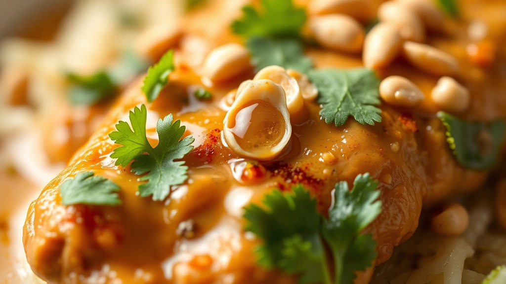 detail: close-up macro of peanut butter chicken piece with sauce, cilantro garnish, crushed peanuts on top, shallow depth of field, droplet of lime juice visible, warm natural light highlighting creamy texture