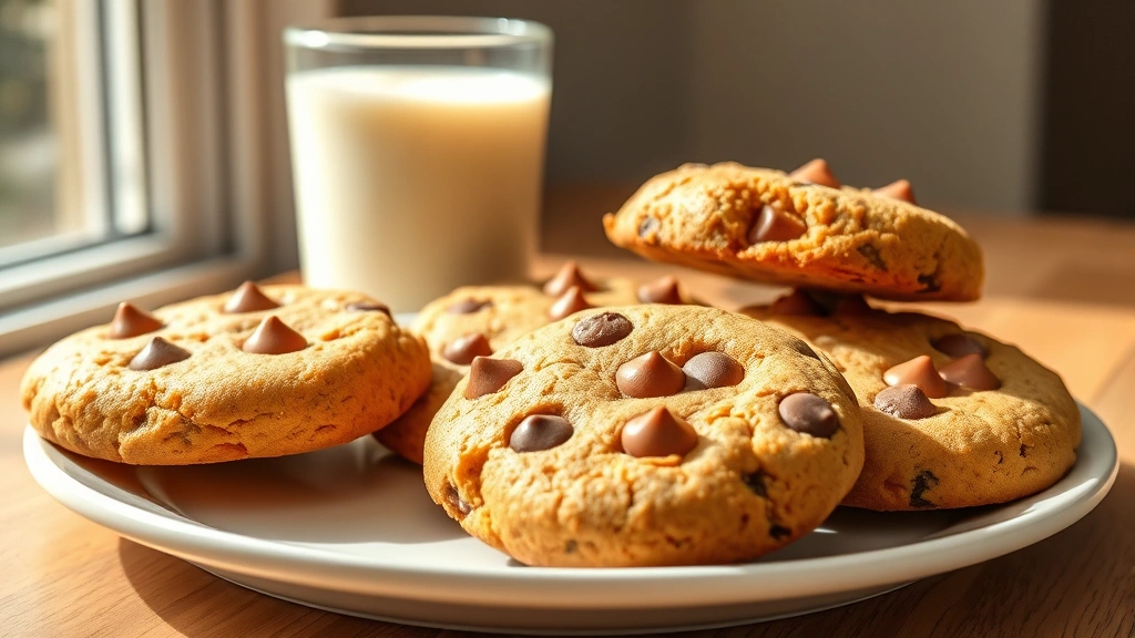 hero: golden peanut butter chocolate chip cookies on a white plate with cold glass of milk in background, photorealistic, natural window light, no text