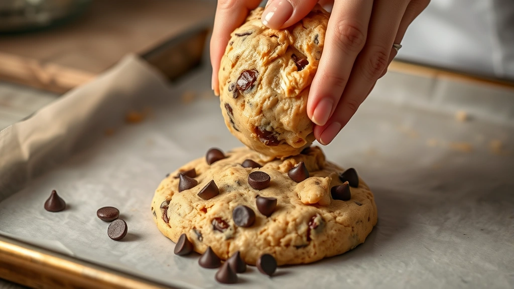 process: hands dropping cookie dough onto parchment lined baking sheet with chocolate chips visible, photorealistic, warm kitchen lighting, no text
