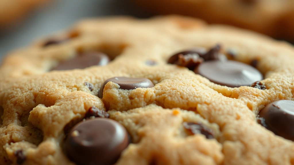 detail: close-up macro shot of warm cookie showing melted chocolate chips and peanut butter texture, photorealistic, natural light, no text