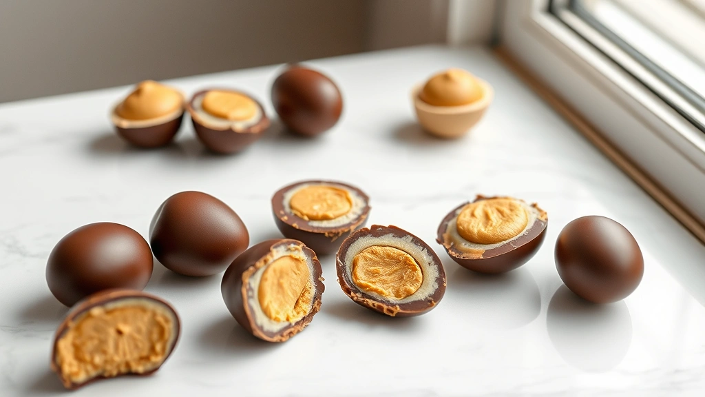 hero: golden-brown homemade peanut butter eggs with dark and milk chocolate coating, arranged on white marble surface, soft natural window light, some eggs cut in half showing creamy peanut butter center, no text