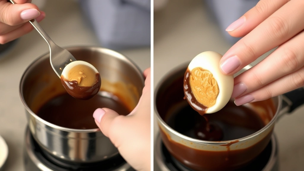 process: hands dipping a peanut butter egg into melted chocolate using a fork over a double boiler, golden peanut butter filling visible, soft kitchen lighting, no text