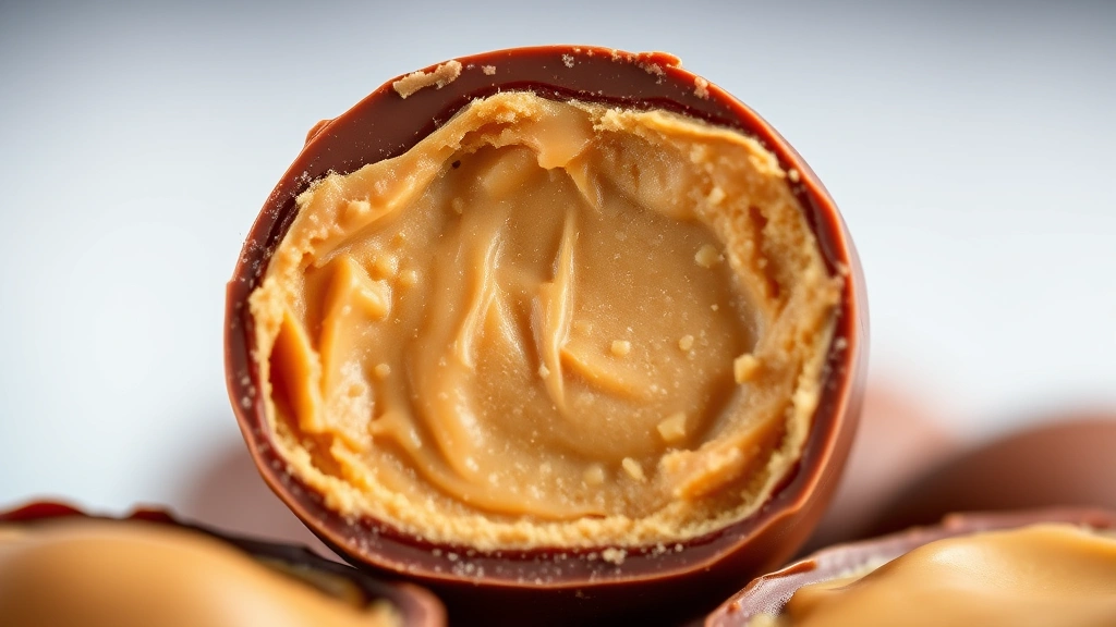 detail: close-up macro shot of a single peanut butter egg with glossy chocolate shell and peanut butter filling visible in cross-section, shallow depth of field, natural daylight, no text