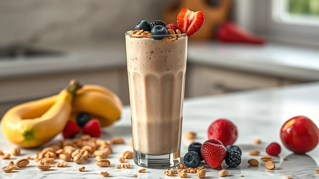 hero: tall glass filled with creamy peanut butter fruit smoothie, topped with granola and fresh berries, surrounded by peanuts and fruit on marble countertop, photorealistic, natural window light, no text