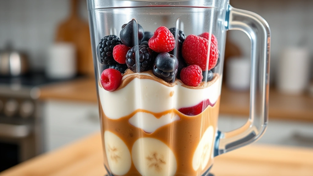 process: blender filled with ingredients before blending, showing layered banana, berries, yogurt, and peanut butter, photorealistic, kitchen counter setting, natural light, no text