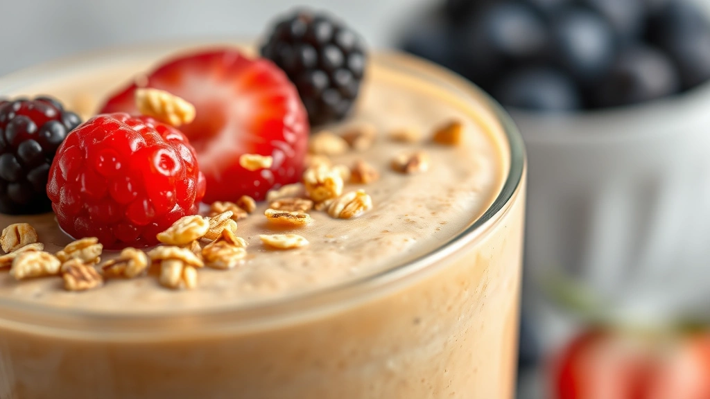 detail: close-up of smooth peanut butter fruit smoothie surface with visible texture, granola topping, and berry garnish, photorealistic, shallow depth of field, natural light, no text