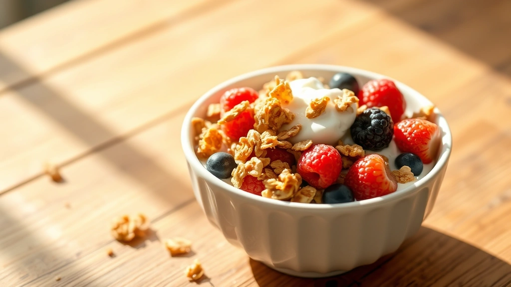 hero: golden peanut butter granola clusters in a white ceramic bowl with fresh berries and yogurt, warm natural sunlight, wooden table surface, no text