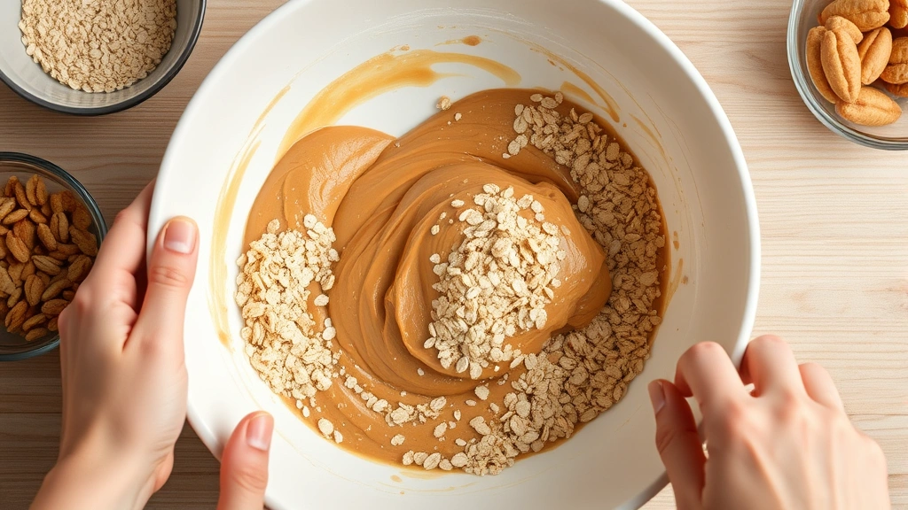 process: hands mixing wet peanut butter mixture with oats and nuts in a large white mixing bowl, overhead shot, bright natural kitchen lighting, no text