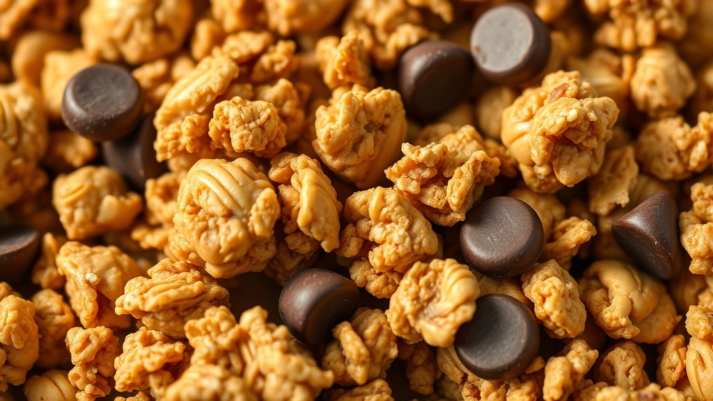 detail: close-up of crunchy peanut butter granola clusters showing texture and chocolate chips, macro photography, golden warm lighting, no text