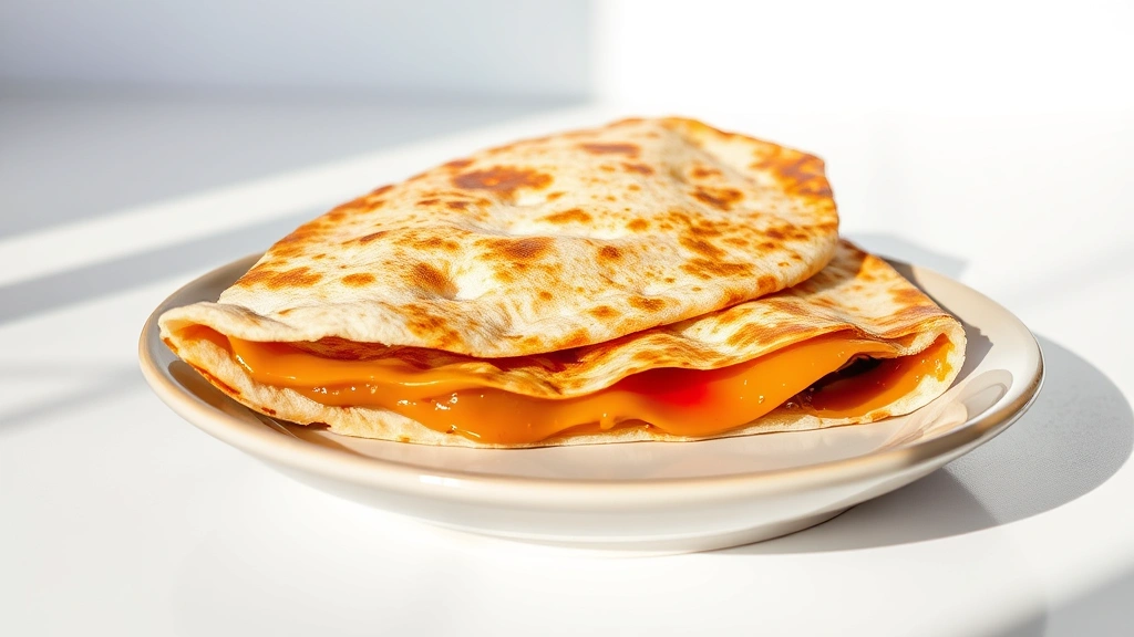 hero: warm peanut butter jelly tortilla folded in half on a ceramic plate with steam rising, golden-brown crispy edges, sunlight streaming from left side, soft shadows, white background, close enough to see the creamy peanut butter and vibrant jelly filling, photorealistic, natural lighting, no text
