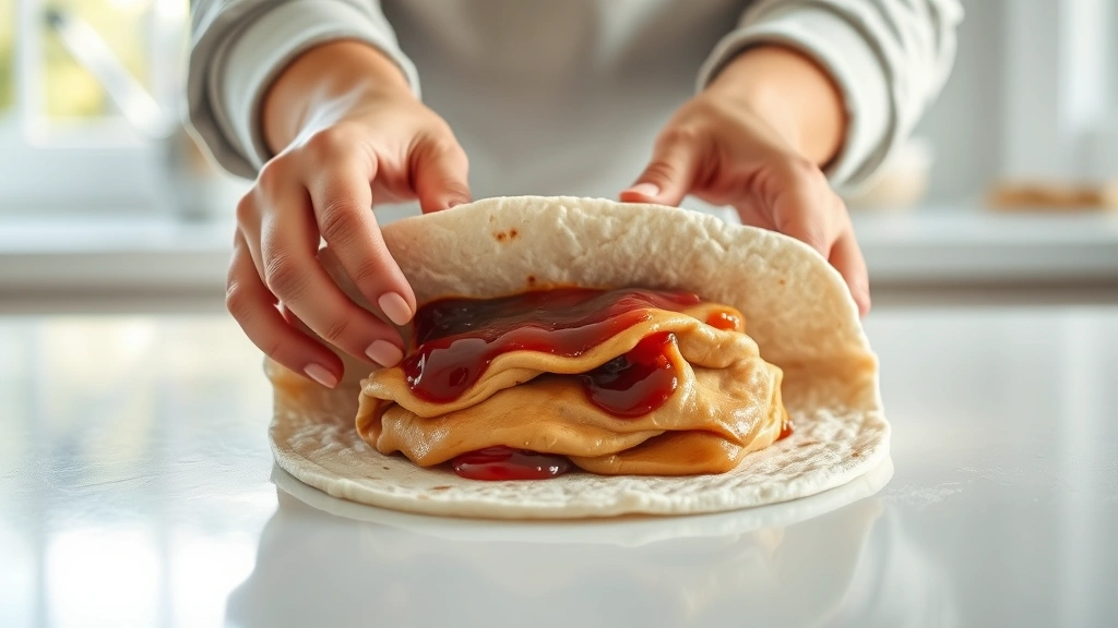 process: hands folding a flour tortilla with peanut butter and jelly spread over it, action shot mid-fold, bright kitchen counter, morning natural light from window, photorealistic, clear focus on the filling and fold, no text