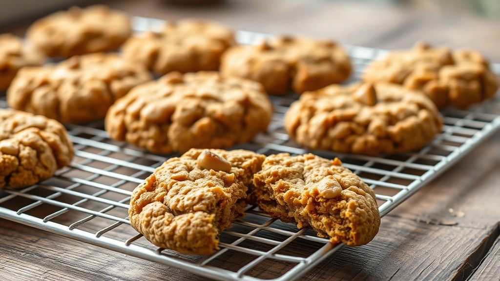 hero: Golden-brown peanut butter oatmeal cookies cooling on a white wire rack, soft natural window light, rustic wooden table surface, one cookie broken in half showing chewy interior texture