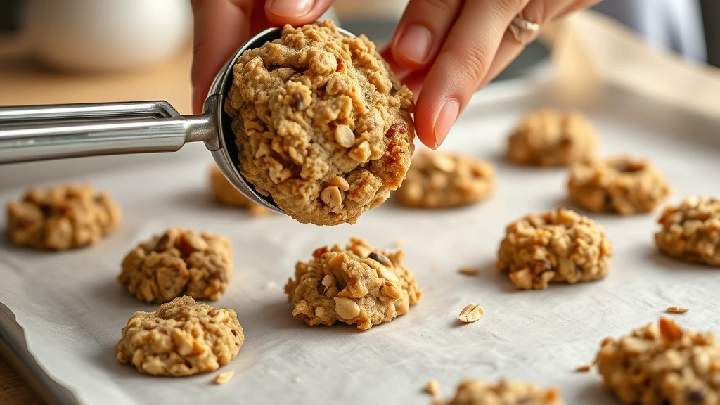 process: Close-up of cookie dough being dropped onto parchment paper with a cookie scoop, warm kitchen lighting, hands in frame, fresh dough with visible oats and peanut pieces