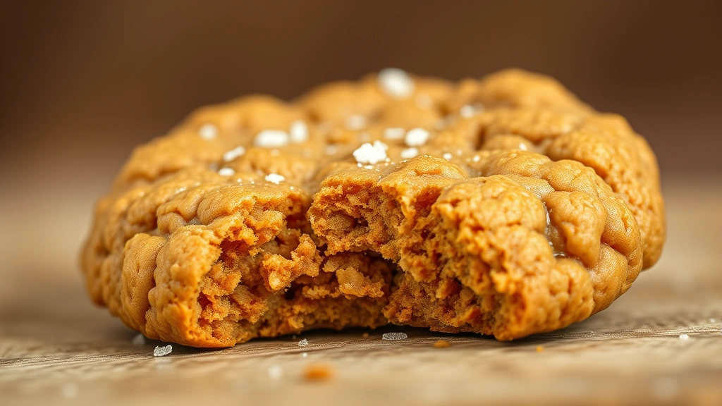 detail: Extreme close-up of a single warm peanut butter oatmeal cookie with crispy golden edges and chewy center, coarse sea salt crystals visible on top, soft bokeh background