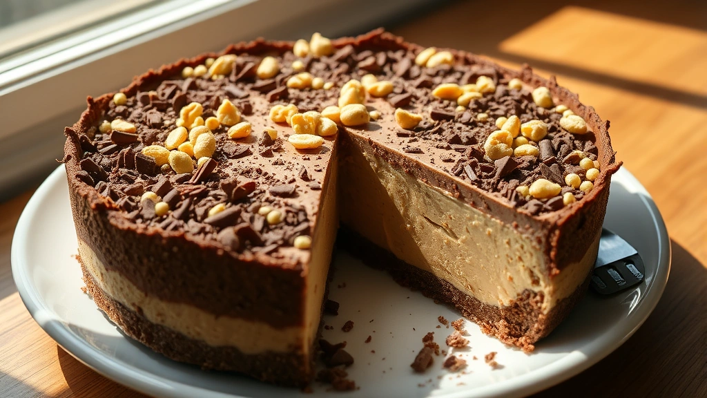 hero: Stunning no-bake peanut butter pie with chocolate shavings and crushed peanuts on top, slice removed showing creamy filling layers, natural daylight from window, on white ceramic plate, wooden table background