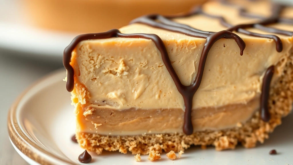 detail: Close-up cross-section of no-bake peanut butter pie showing graham cracker crust and creamy peanut butter filling layers, chocolate drizzle, shallow depth of field, natural light