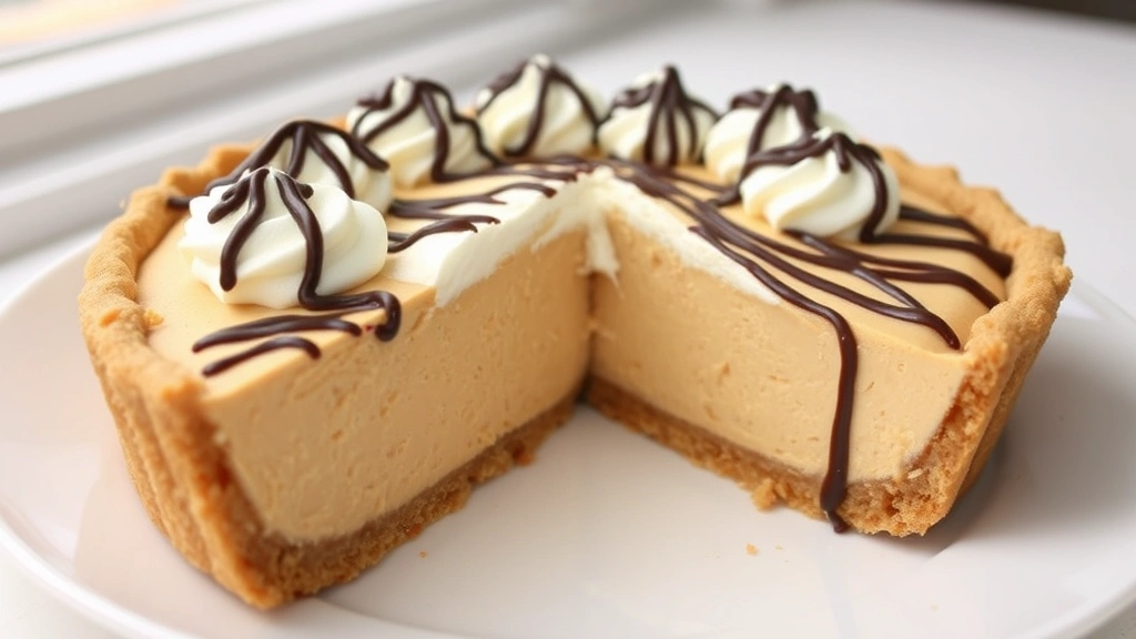 hero: finished peanut butter pie with whipped cream topping and chocolate drizzle, slice removed showing creamy filling and graham cracker crust, photorealistic, natural window light, no text, elegant plating