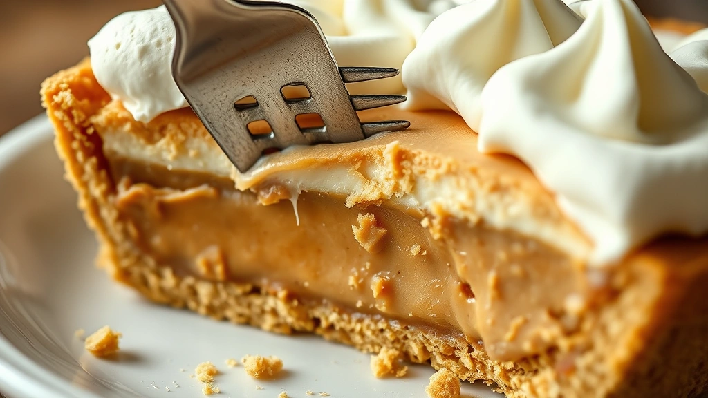detail: close-up cross-section of peanut butter pie showing layers of crust, filling, and whipped cream, fork cutting through, photorealistic, natural light, no text, food photography style