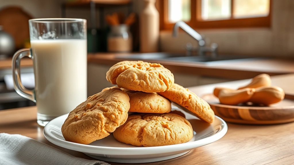 hero: golden peanut butter powder cookies on a white ceramic plate with a glass of cold milk, photorealistic, natural window light, no text, rustic kitchen background