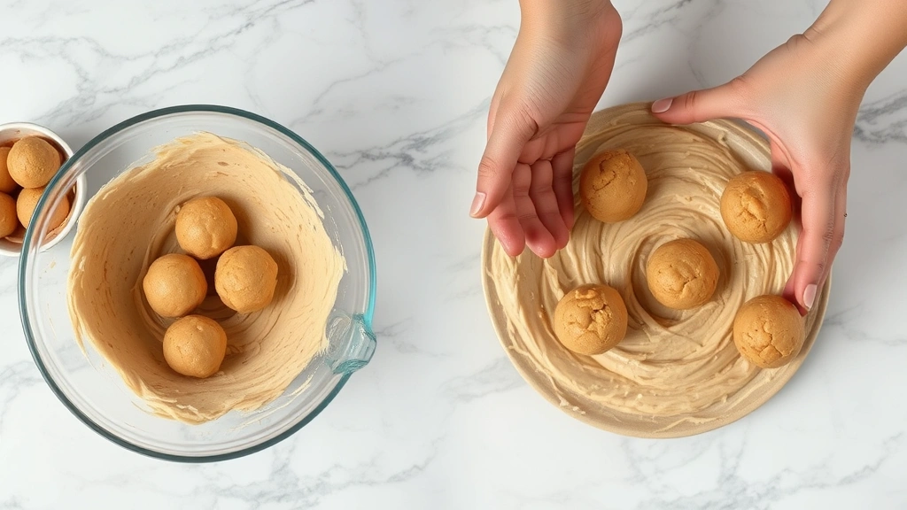 process: hands forming dough balls from peanut butter cookie mixture on marble countertop, photorealistic, natural light, no text, overhead angle