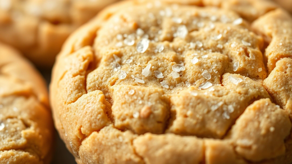 detail: close-up of baked peanut butter powder cookie with fleur de sel on top, showing texture and golden color, photorealistic, natural light, no text