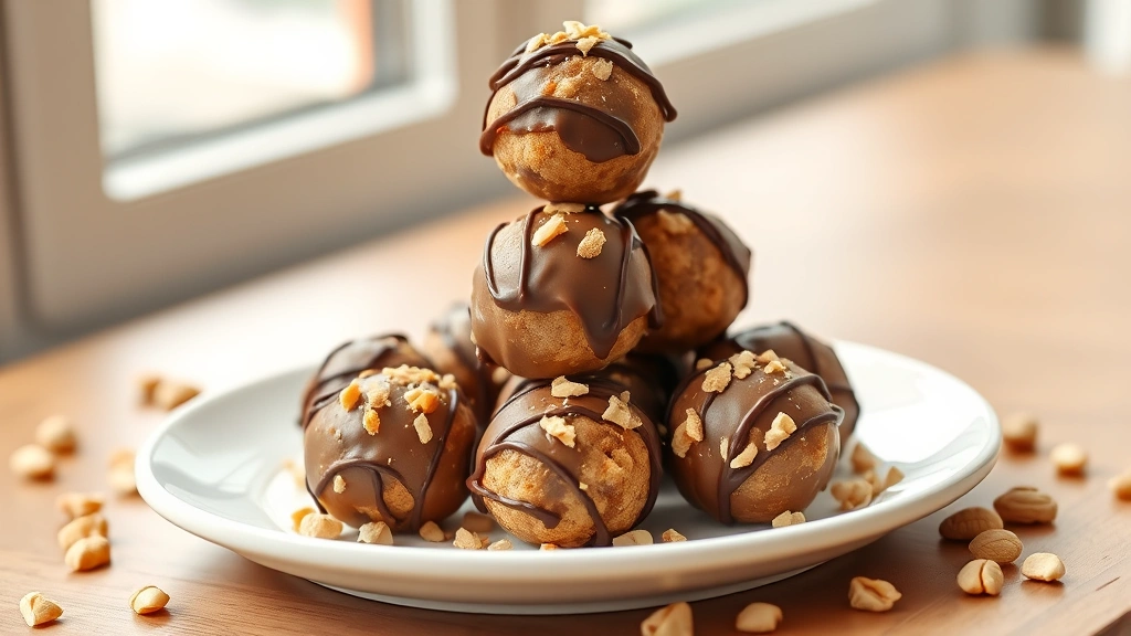 hero: stack of chocolate-coated peanut butter protein balls on a white plate with crushed peanuts scattered around, photorealistic, natural window light, no text