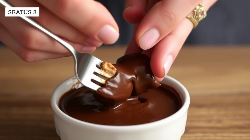 process: hands dipping a peanut butter ball into melted chocolate with a fork, close action shot, photorealistic, natural light, no text