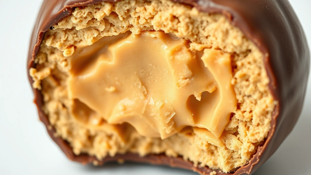 detail: cross-section of a peanut butter protein ball showing creamy peanut butter center and chocolate shell, photorealistic, natural light, no text